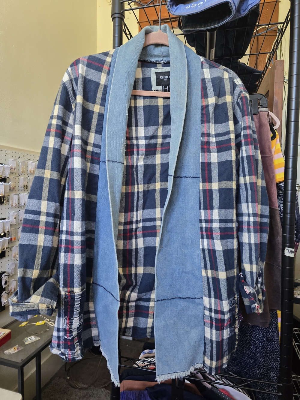 Forever 21 Men’s Navy, Cream & Light Blue Plaid Shawl-Collar Shirt Jacket